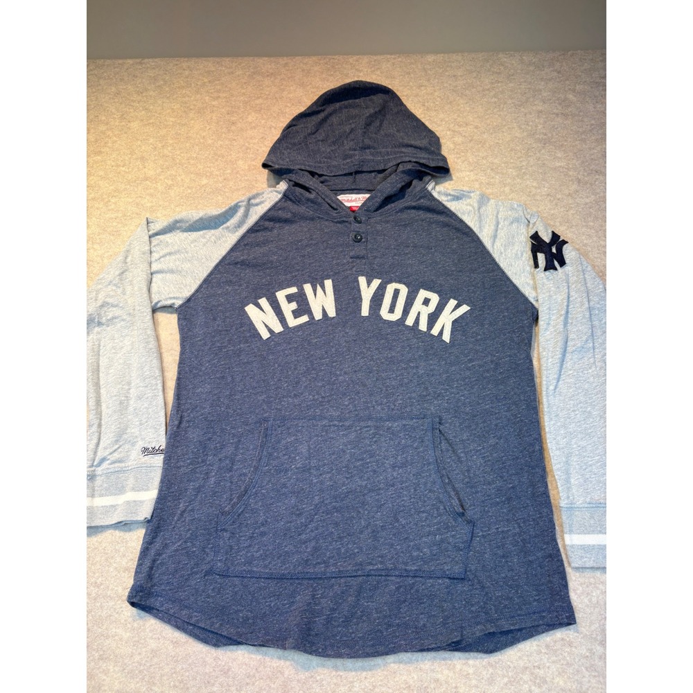 Mitchell & Ness New York Yankees Cooperstown Henley Hoodie Mens Large Blue Grey